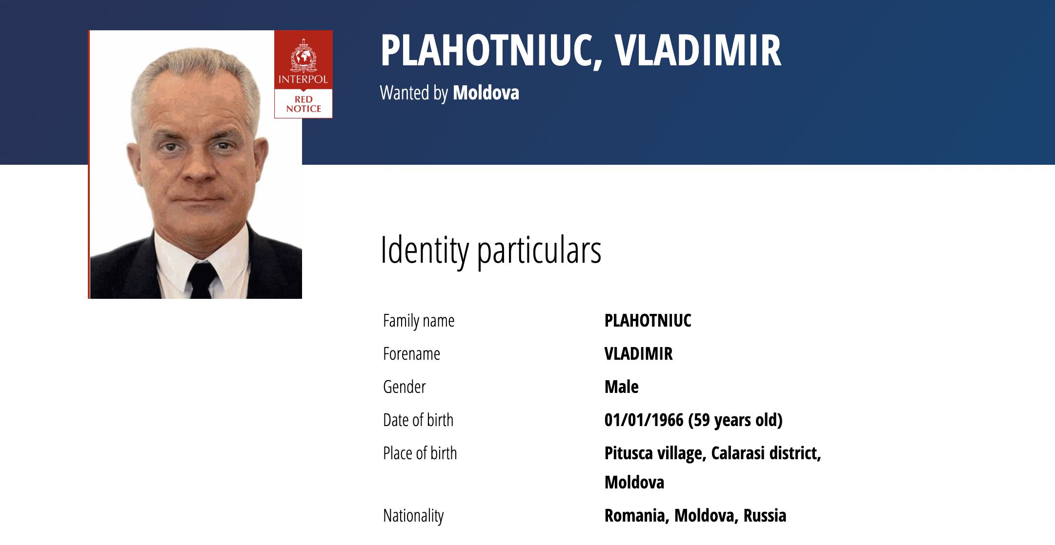 Vladimir Plahotniuc, pe site-ul Interpol. Este inclus în baza de date Interpol cu notificare roșie