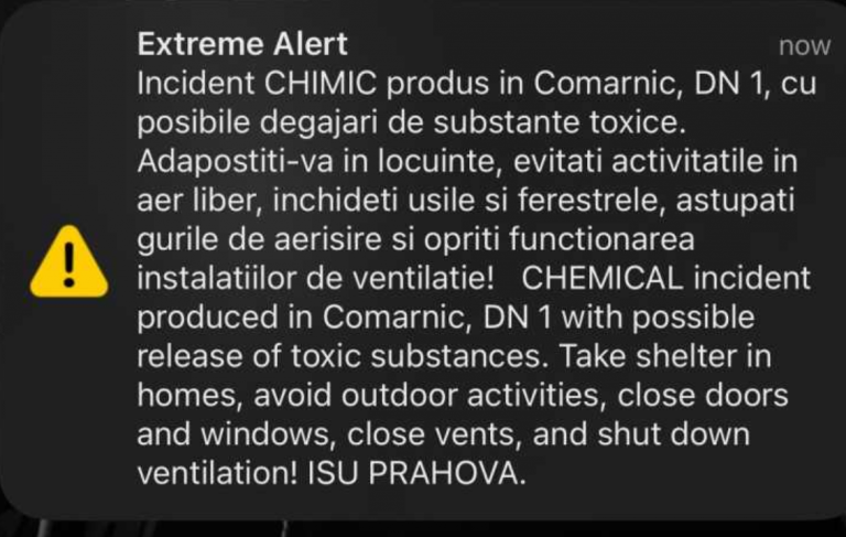 Incident chimic în România. Populația, avertizată prin mesaje RO-ALERT despre posibile degajări de substanțe toxice