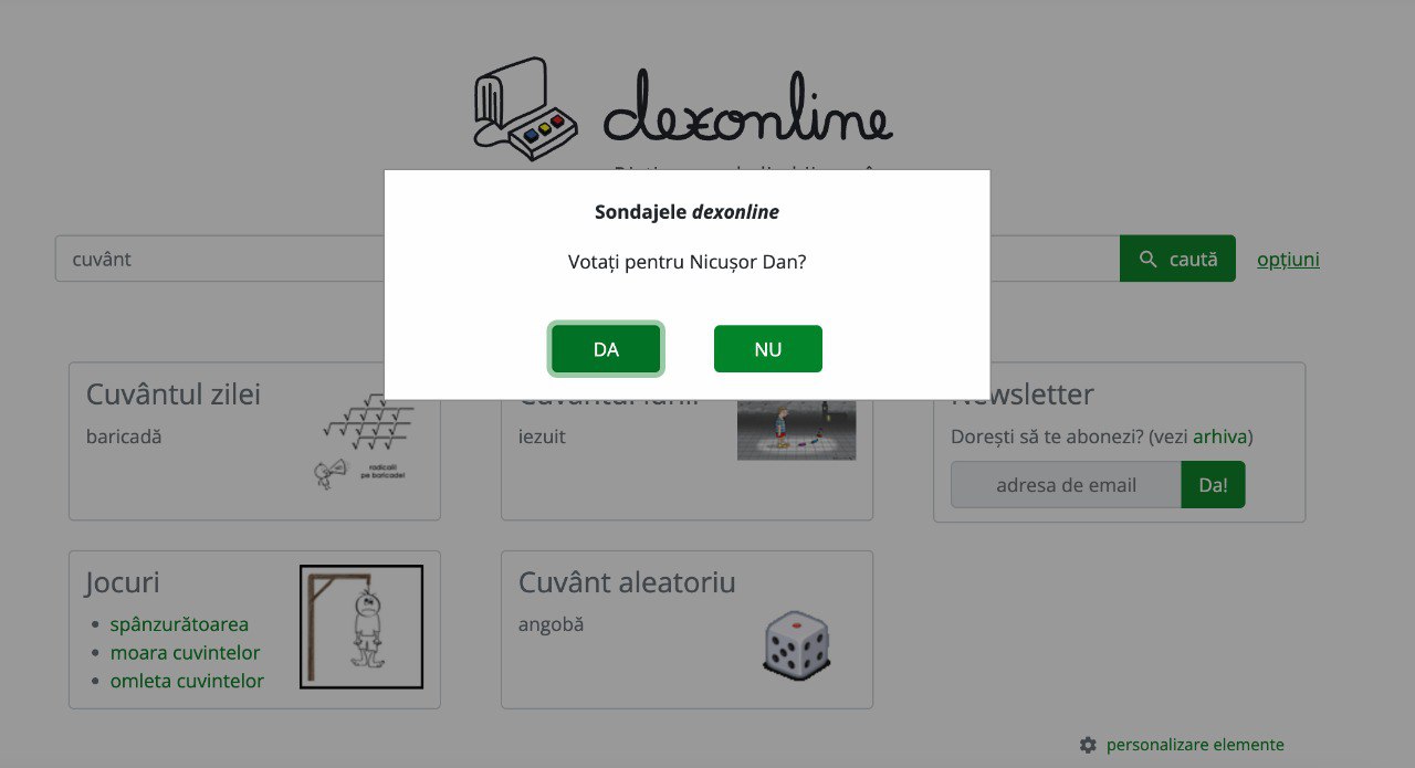 DEX online întreabă utilizatorii dacă îl vor vota pe Nicușor Dan. Ce se întâmplă în cazul în care răspunsul e ”nu”