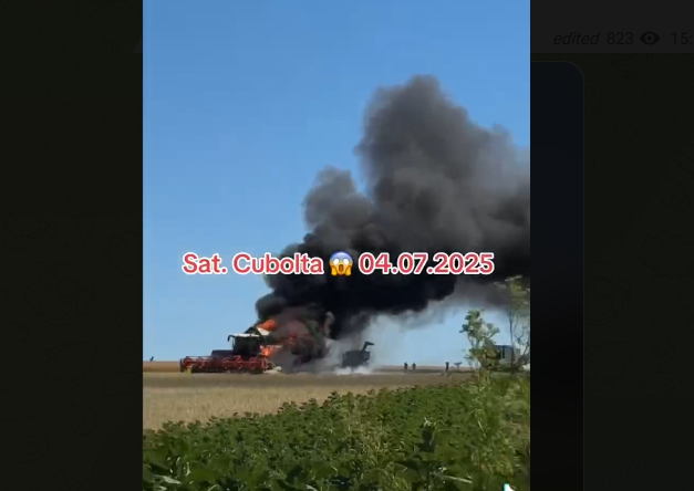 INCENDIU pe un câmp din Sîngerei. O combină agricolă, cuprinsă de flăcări uriașe