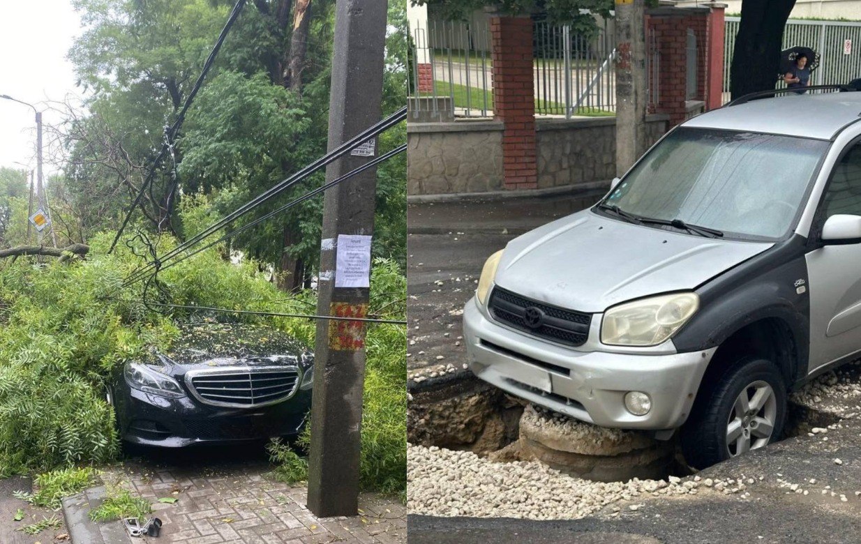 FOTO Mai mulți copaci au căzut peste mașini, în Capitală. Totodată, carosabilul s-a surpat sub un automobil