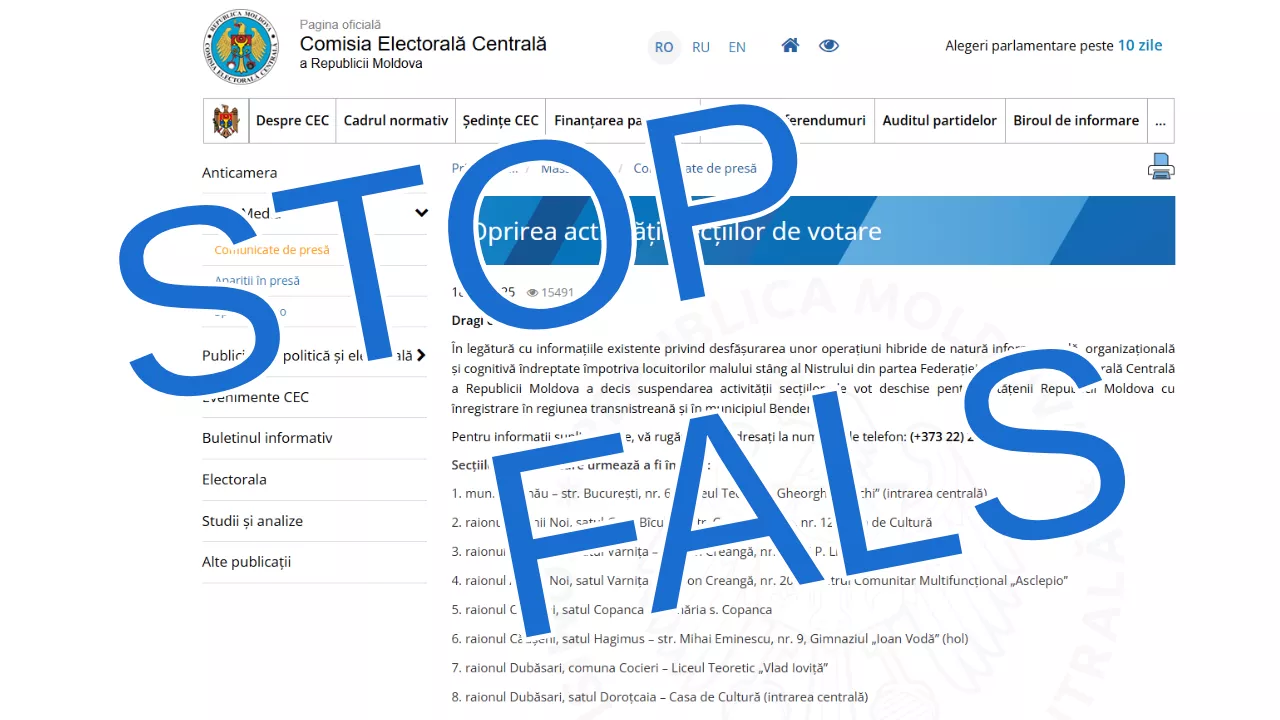 Atenție, un nou FALS! CEC dezminte o informație falsă despre secțiile de votare pentru alegătorii din stânga Nistrului