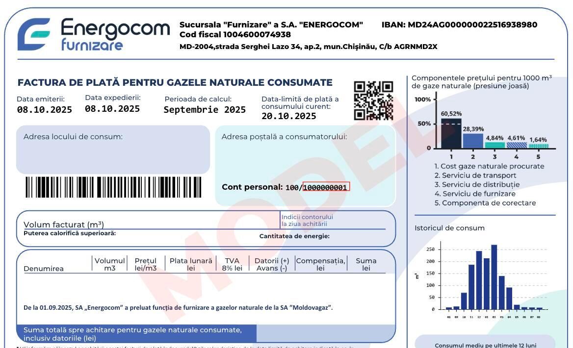 Energocom emite primele facturi pentru consumul din septembrie: design nou și informații clare