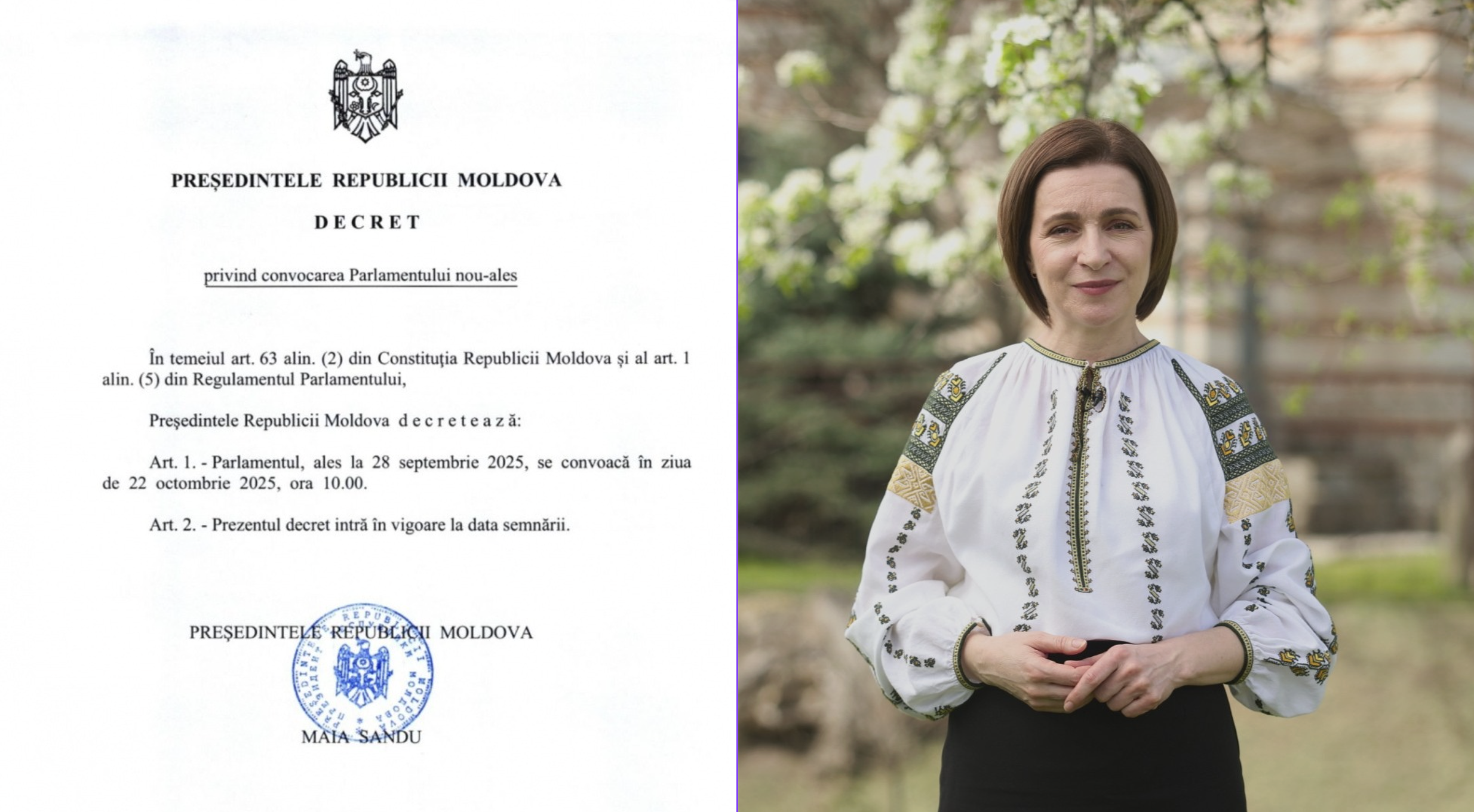 Maia Sandu a semnat decretul de convocare a noului Parlament. Prima ședință va avea loc pe 22 octombrie